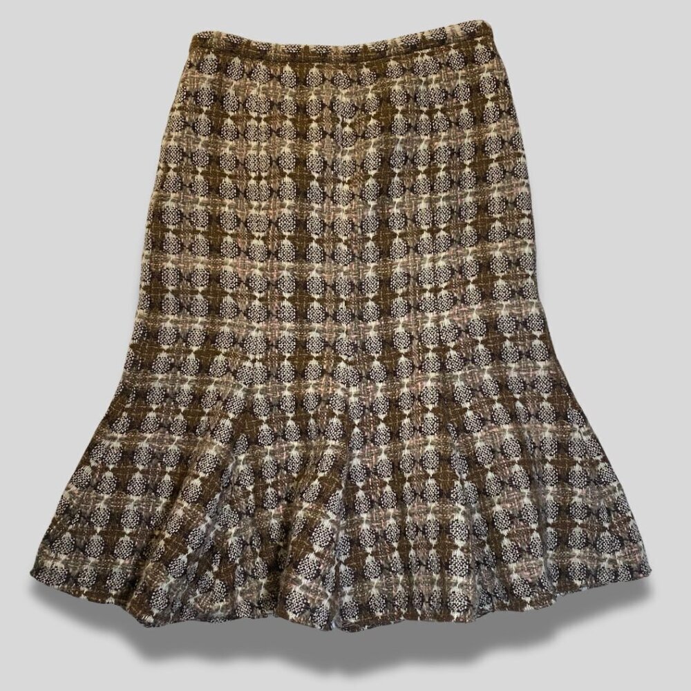 MOSCHINO Vintage 90s Brown Pink Tweed Trumpet Skirt Ruffle Hem Size 6